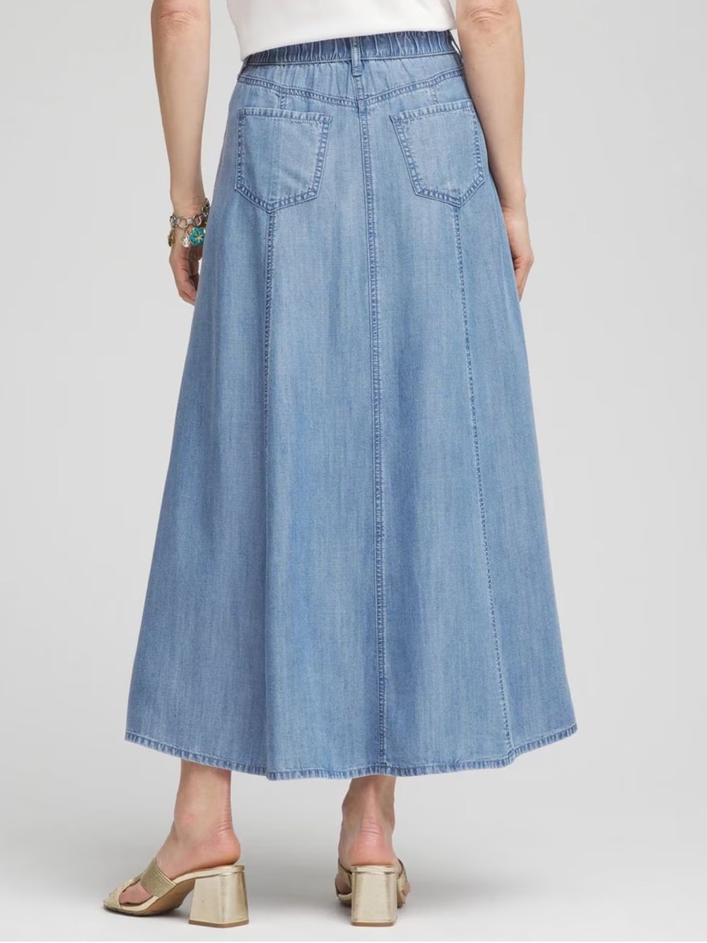 Light Blue Denim Maxi Skirt A Line with Flared Panels Lightweight Chambray Fall - Picture 3 of 11